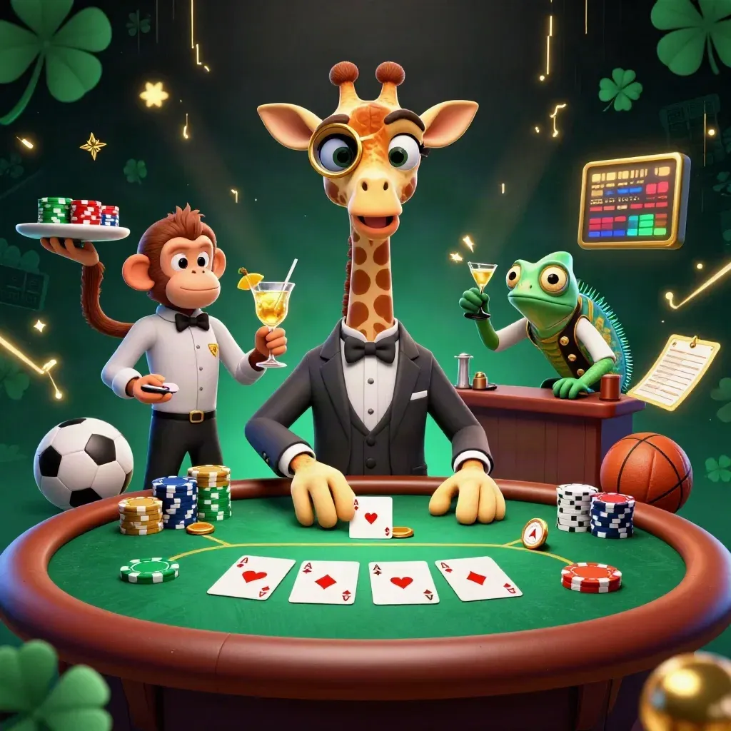 Suit-clad giraffe, monkey valet, and chameleon bartender at a glowing VIP poker table.