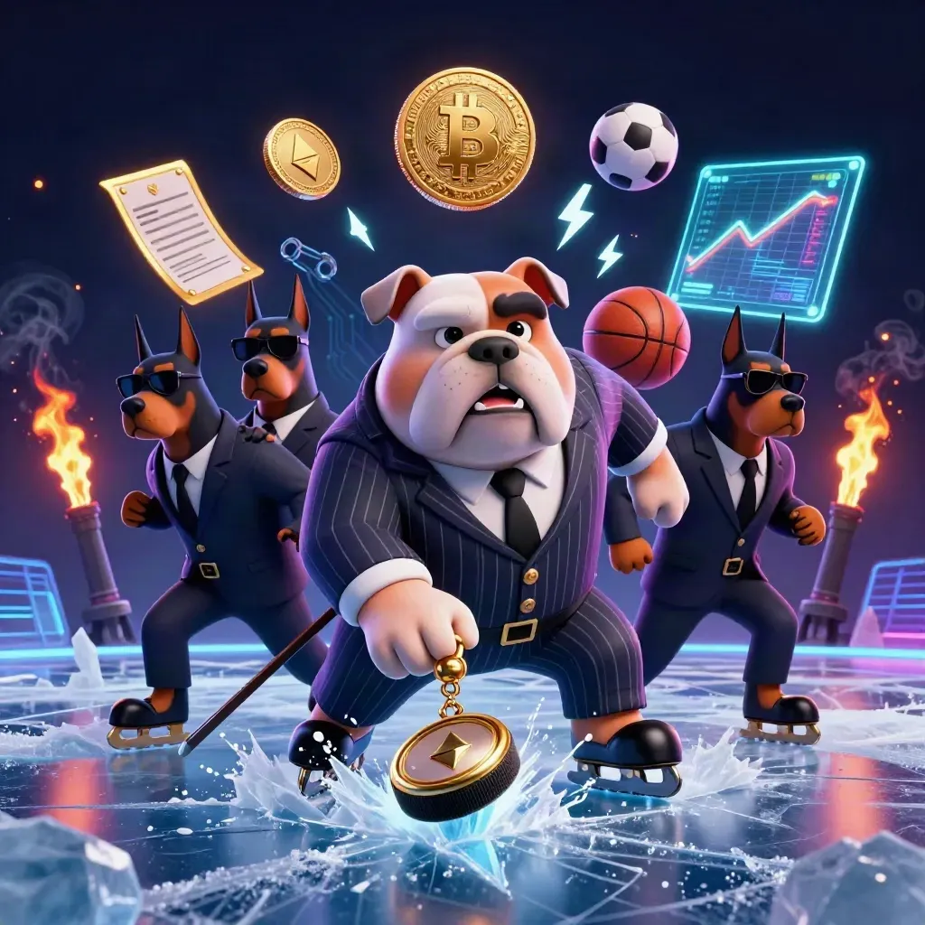 Cartoon bulldog mob boss with two Dobermans and crypto coins over an icy hockey blast.