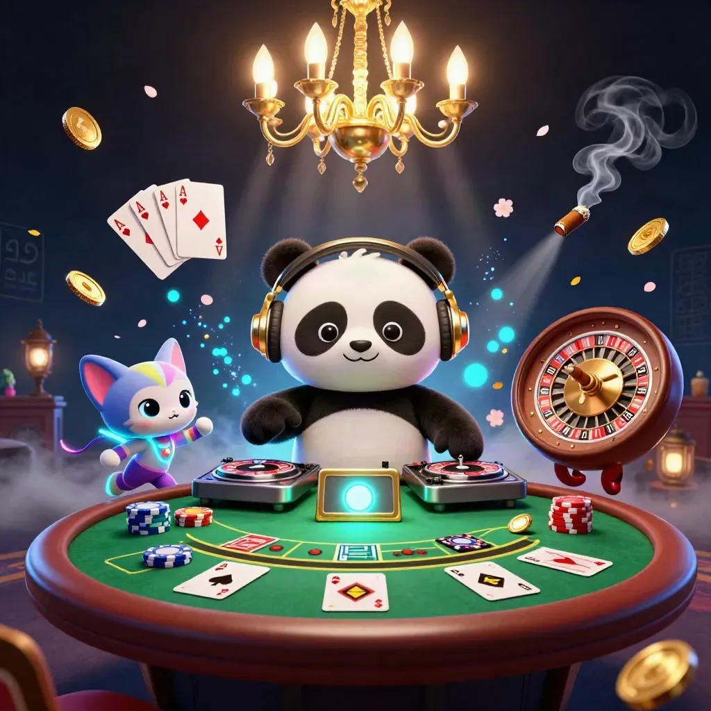 DJ panda, monkey, and glow-stick kitten in a luxe casino room with roulette and poker props.