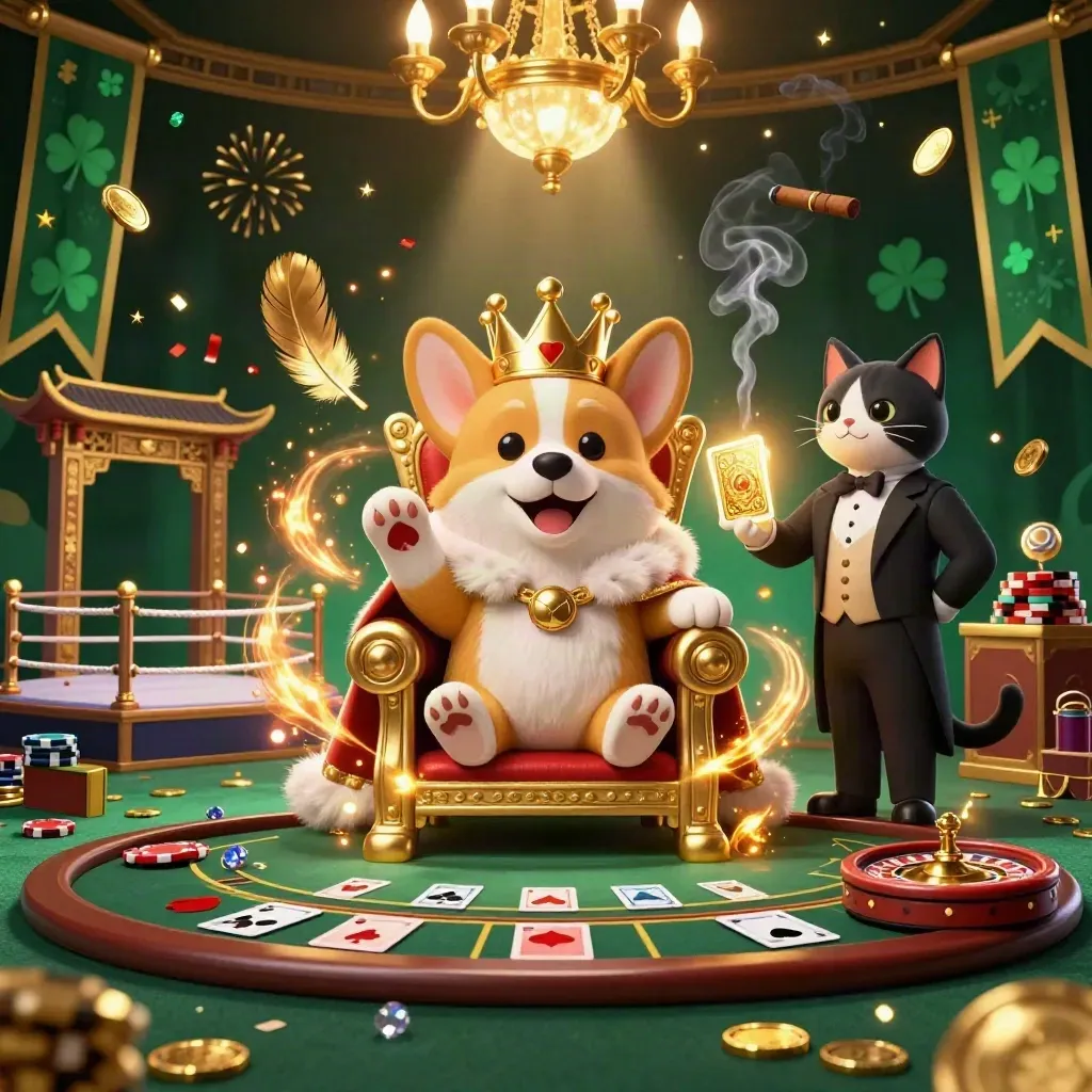 Royal corgi and cat butler amid casino chips, coins, roulette, cards, fireworks, and glowing luxury.