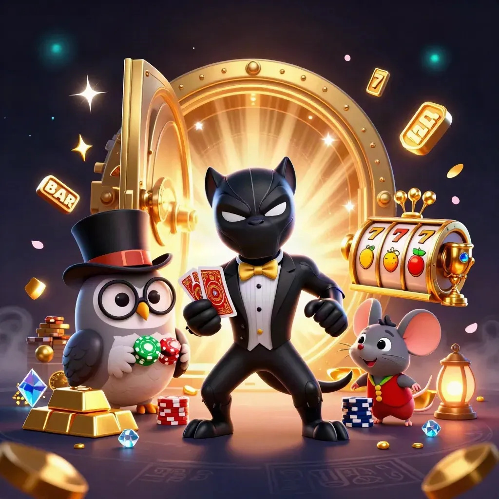 Panther, owl, and mouse raid a glowing treasure vault amid gold, gems, reels, and casino energy.