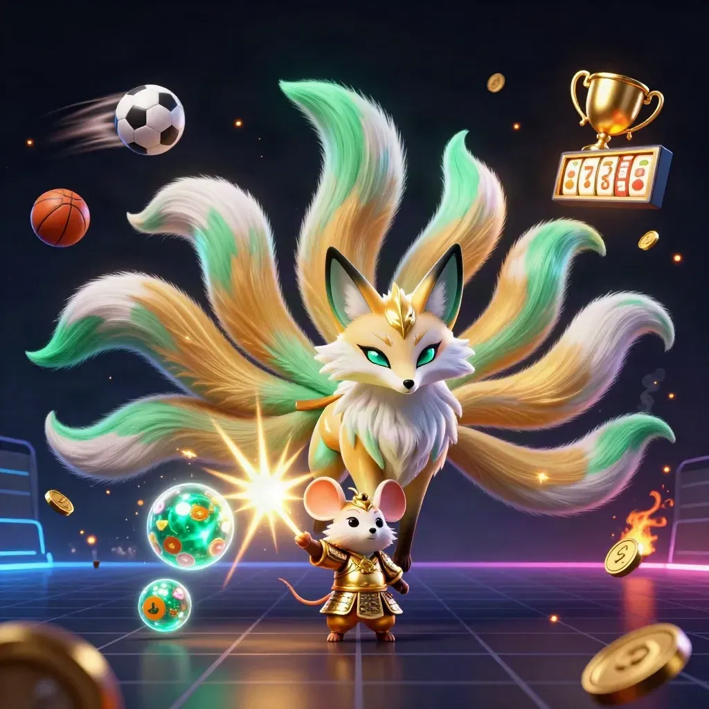 Nine-tailed fox spirit and armored mouse amid sports balls, coins, trophy, and neon casino effects.