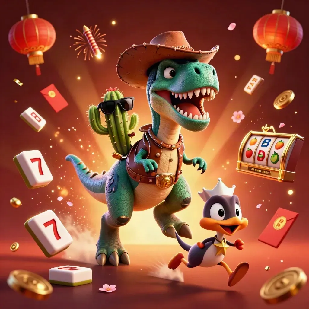Cowboy T-Rex, cactus sidekick, and sheriff roadrunner amid lanterns, coins, and fireworks