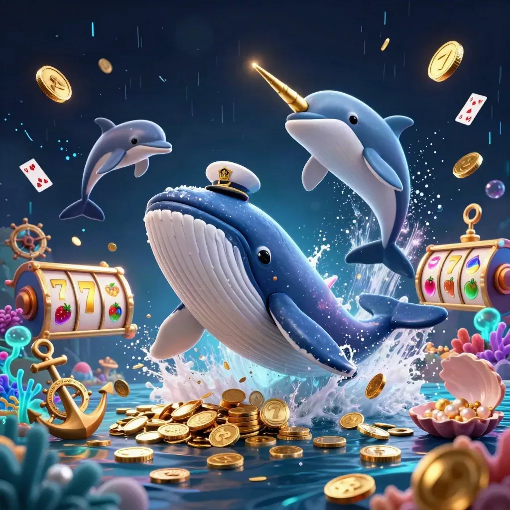 Whale, narwhal, and dolphins burst through coins in a glowing underwater treasure cove.