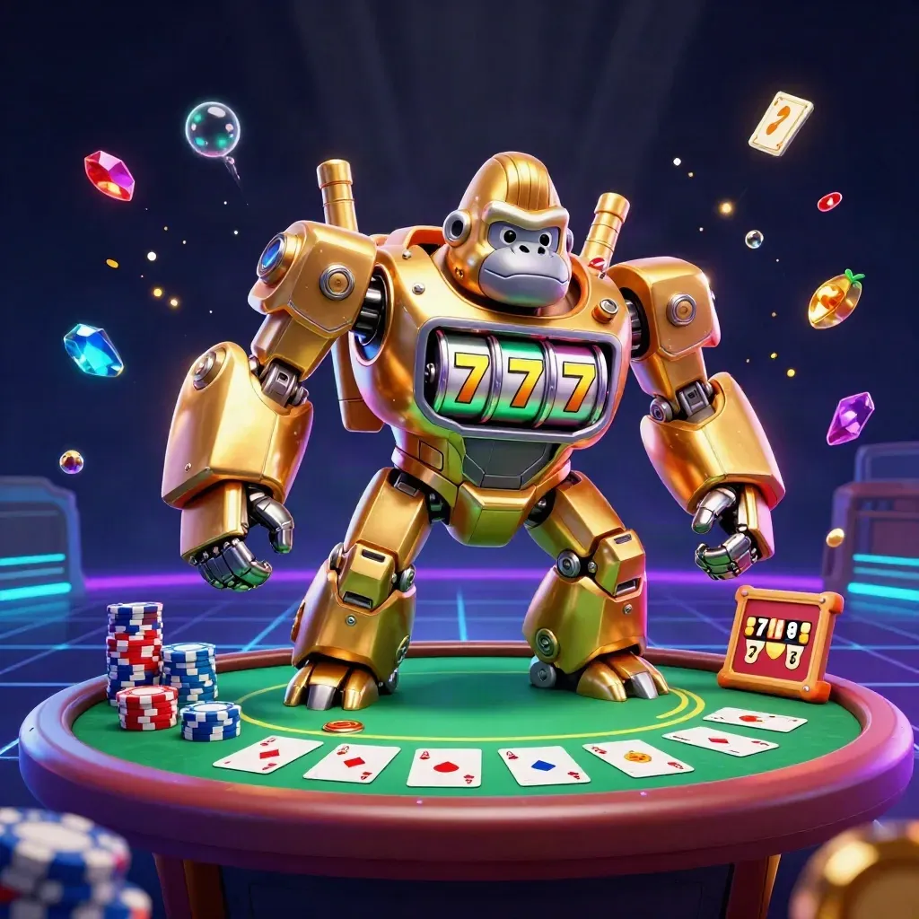 Golden gorilla mech with tiny pilot, poker chips, cards, and slot reels in a neon casino burst.