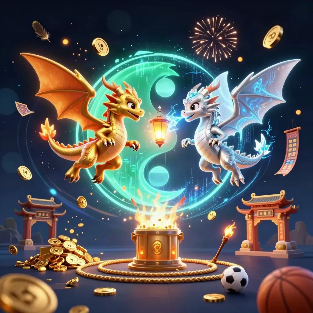 Twin gold and silver dragons spiral around a lantern spirit amid coins, fireworks, and sports icons.