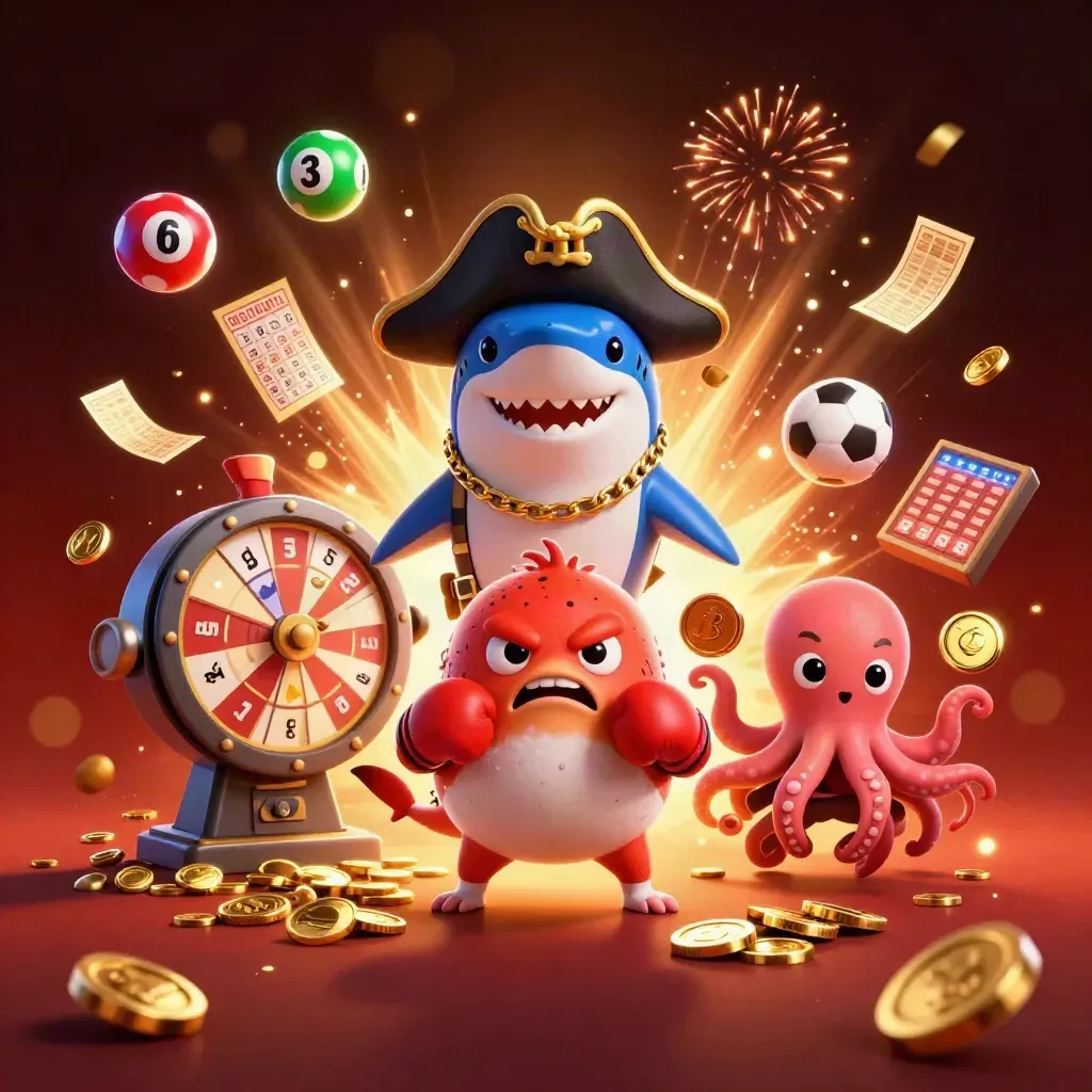 Pirate shark, boxing pufferfish, and juggling octopus amid coins, fireworks, lottery balls, and a prize wheel.