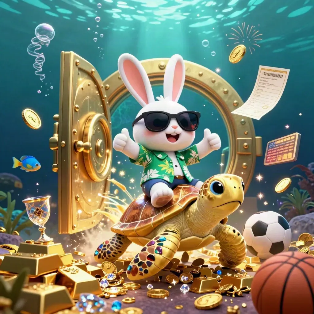 Lucky rabbit on golden sea turtle in a treasure vault splash, with coins, gems, balls, and glowing underwater lights.