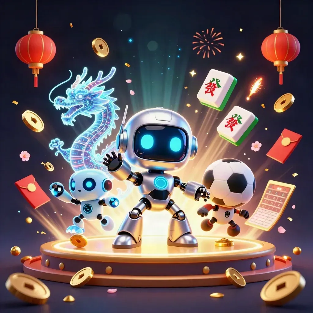 Cyberpunk robot, holographic dragon, and coin drone amid casino treasure, fireworks, and coins