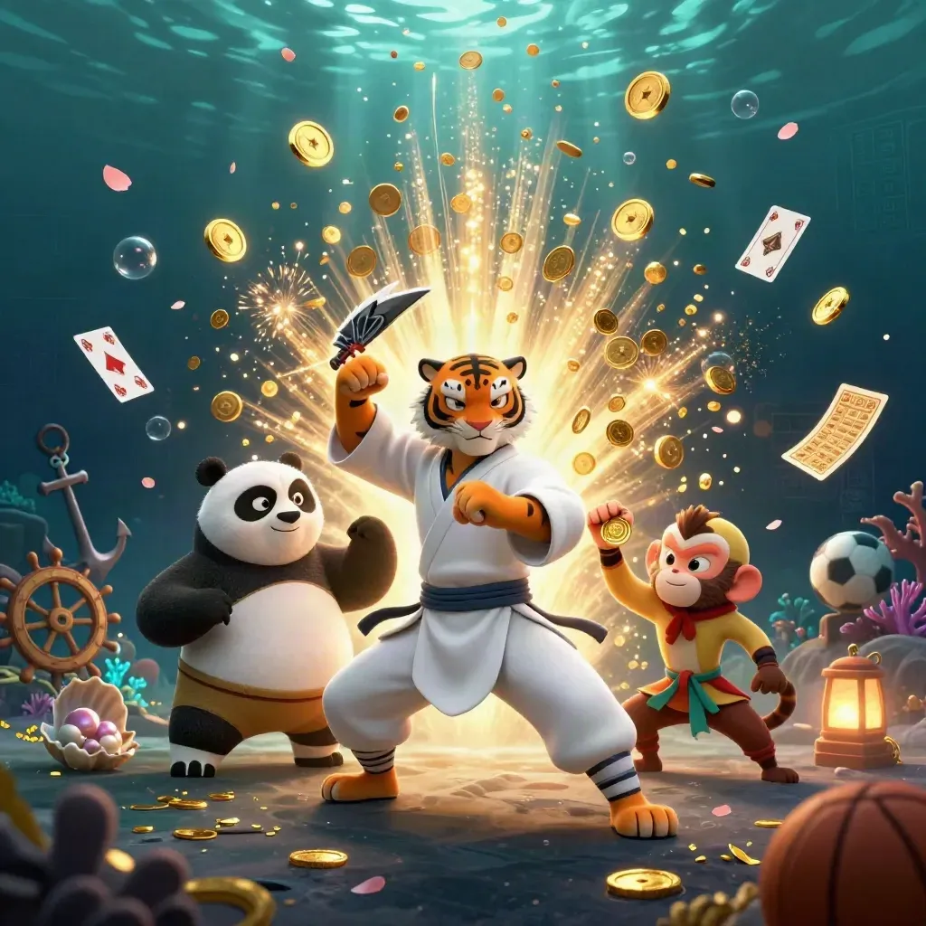 Tiger, panda and monkey celebrate amid treasure coins, coral, cards and fireworks underwater.