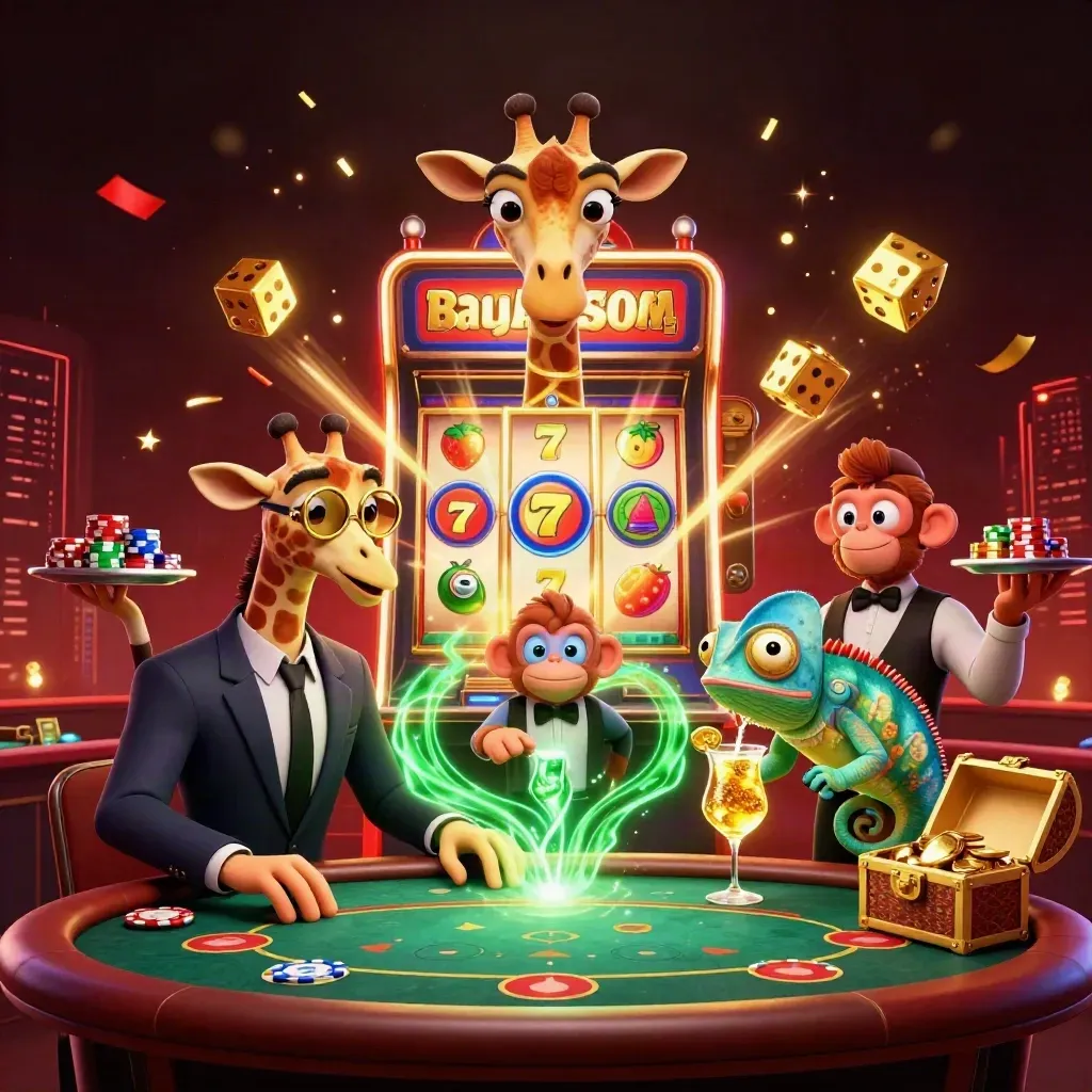Three casino mascots at a VIP poker table with slot bursts and emerald gold energy.