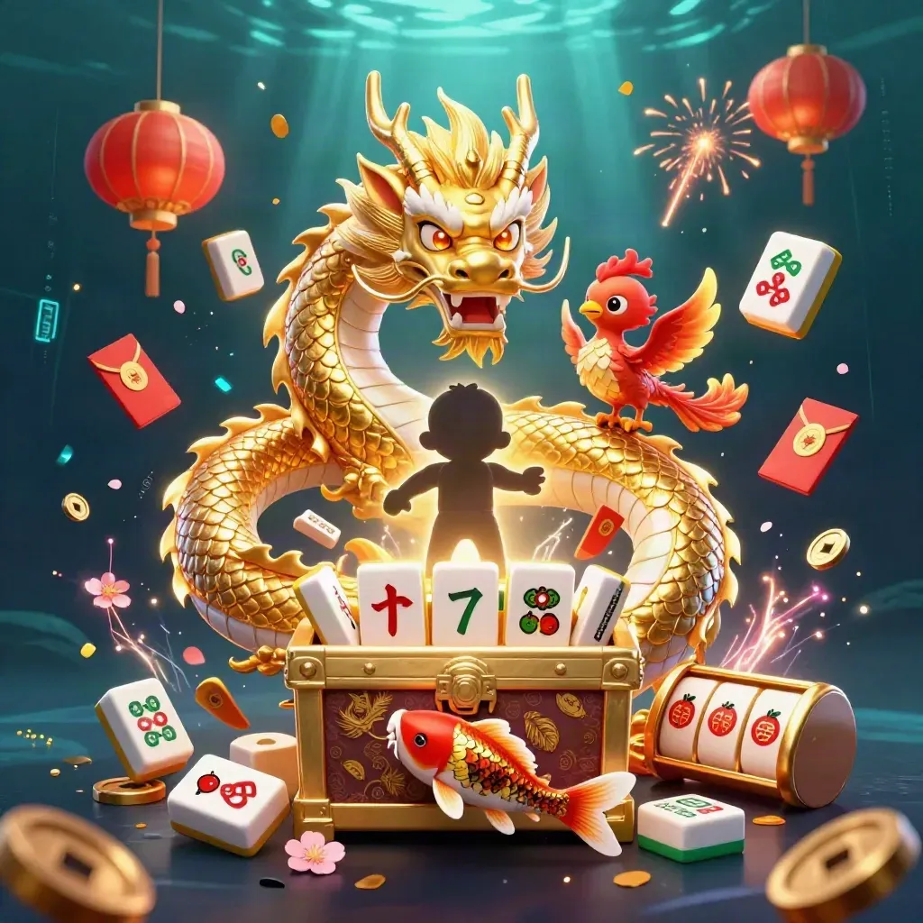 Golden dragon with phoenix and koi, bursting casino lucky symbols in dark teal neon.