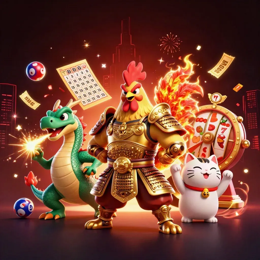 Rooster warrior, dragon hatchling, and fortune cat amid casino bursts and glowing lights.