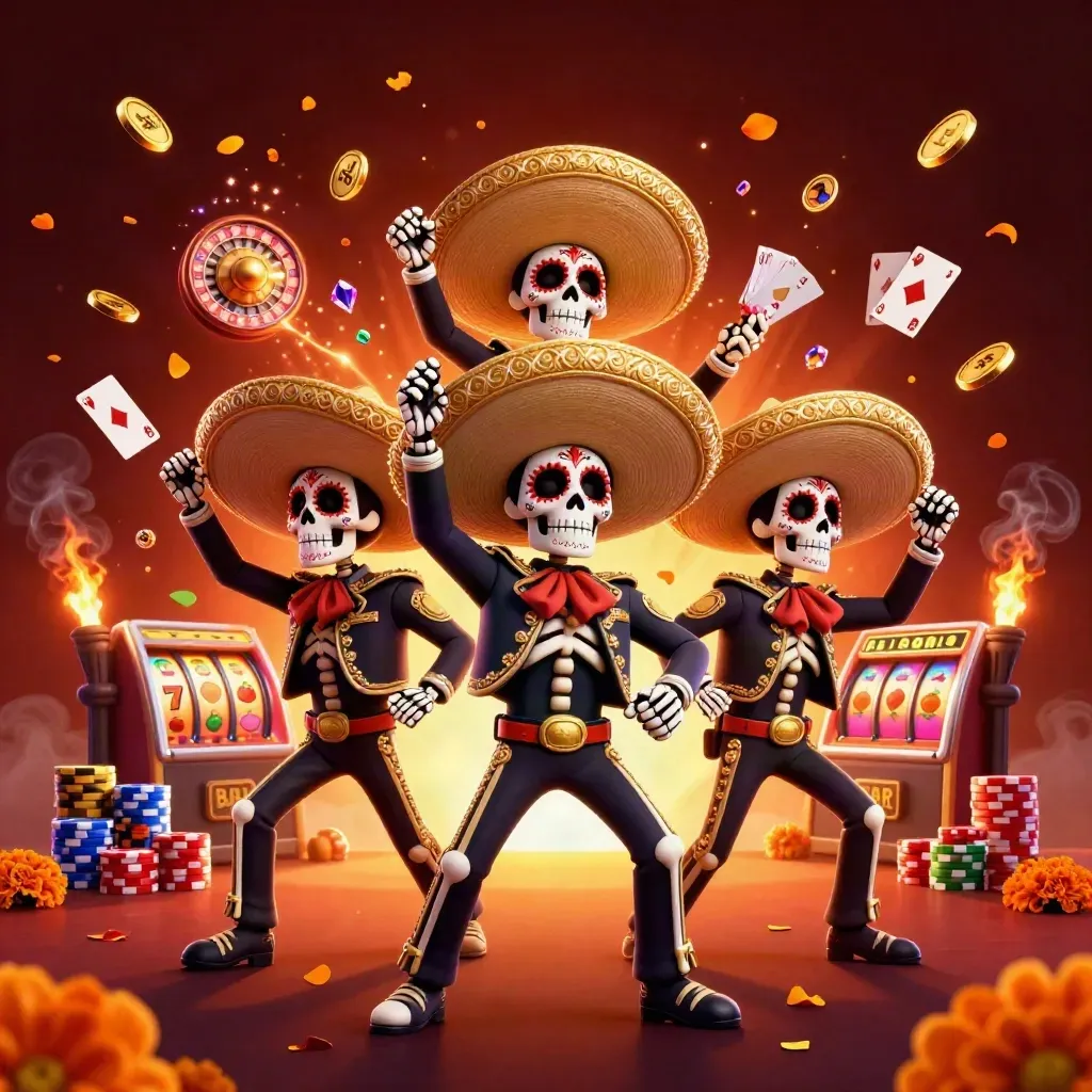 Day-of-the-Dead skeleton mariachi trio amid coins, roulette, cards, chips, and ember glow.