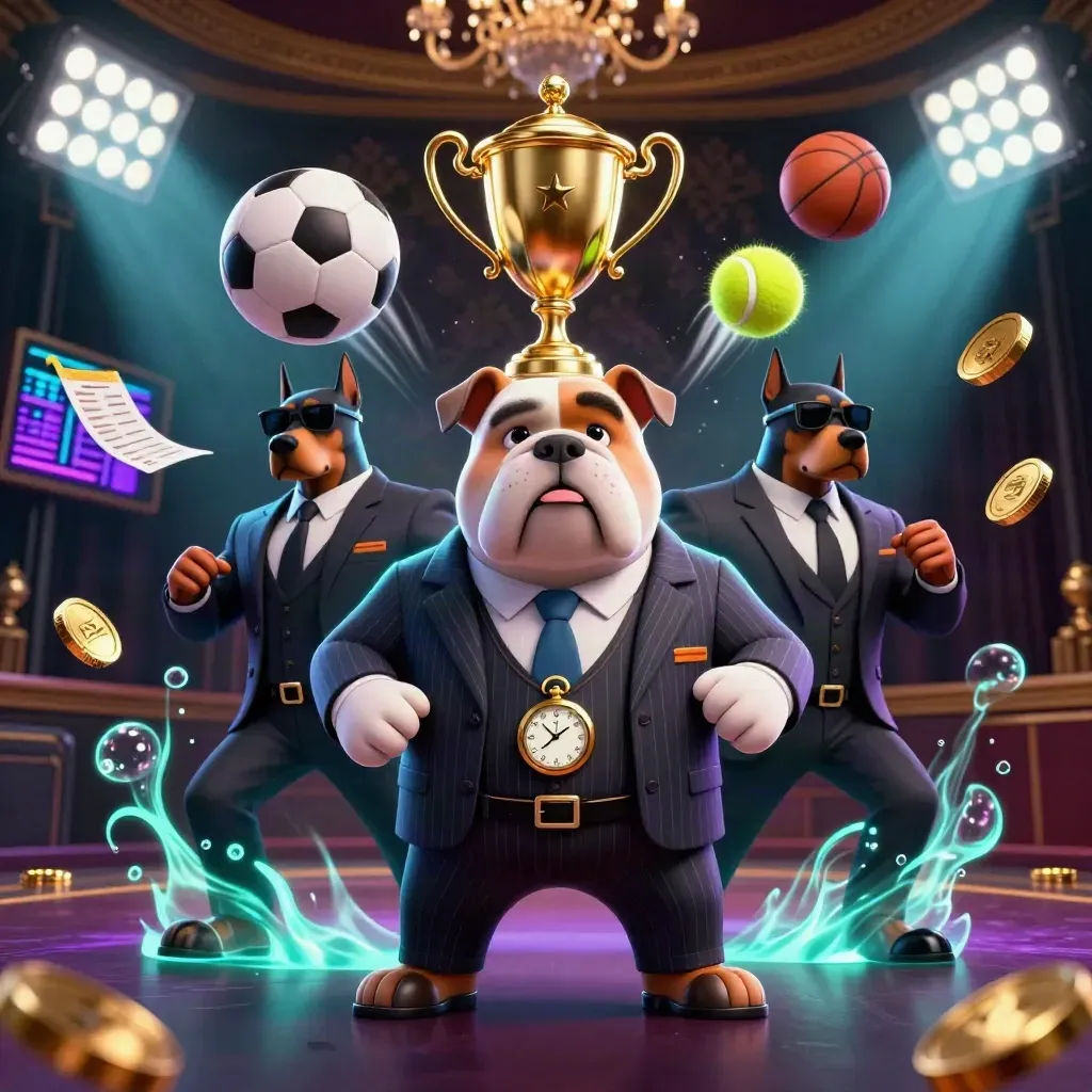 Bulldog boss and Doberman guards amid sports balls, coins, and a glowing trophy.