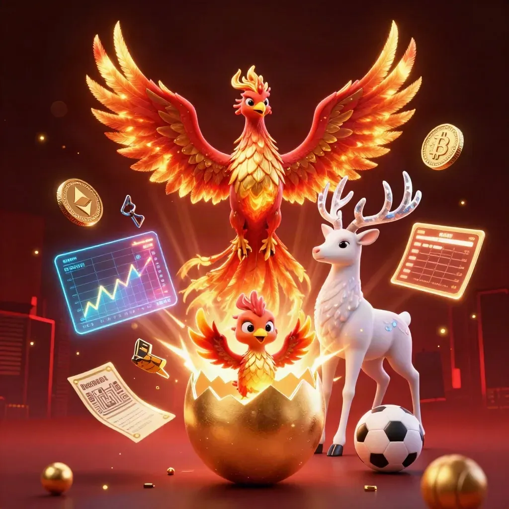 Phoenix, baby phoenix, and crystal stag amid casino coins, sports icons, and neon effects.