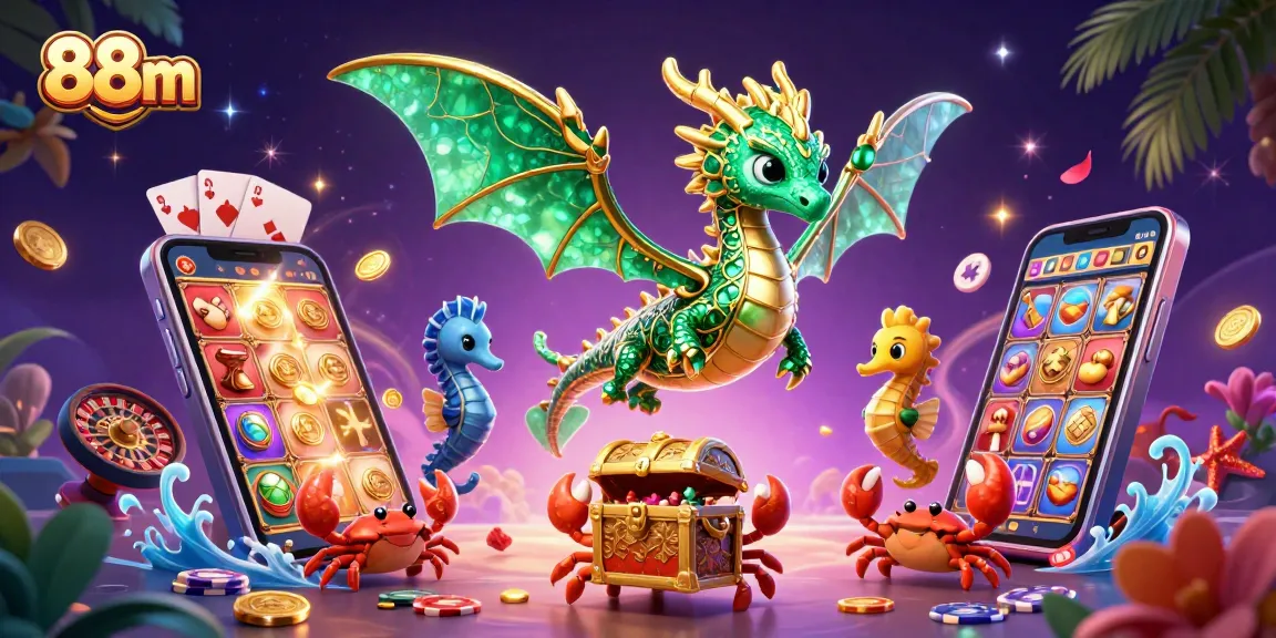 Experience thrilling wins with the vibrant design of 88m's gaming universe, showcasing dynamic slot games and treasures.