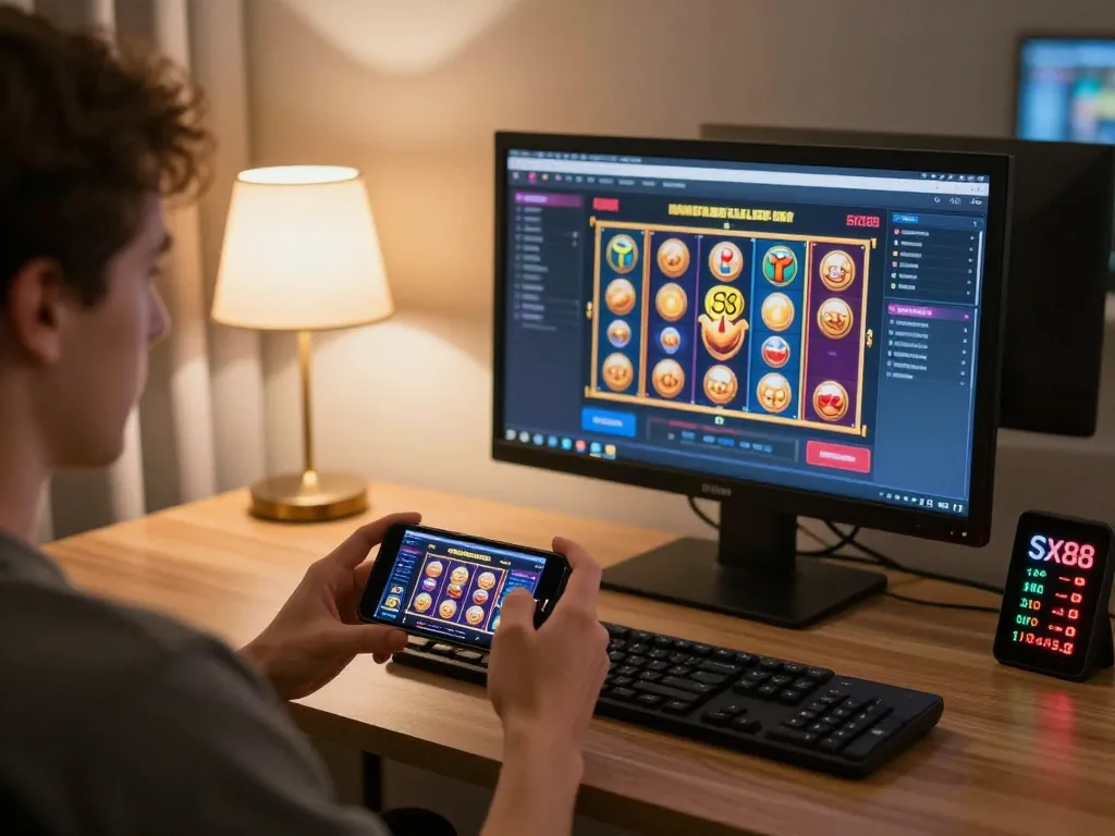 SX88 player enjoying a mobile slot game in a cozy home setup, emphasizing responsible gambling.