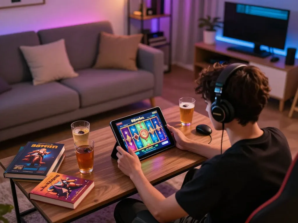 Player enjoying 98win slots in a cozy living room setup during online gaming