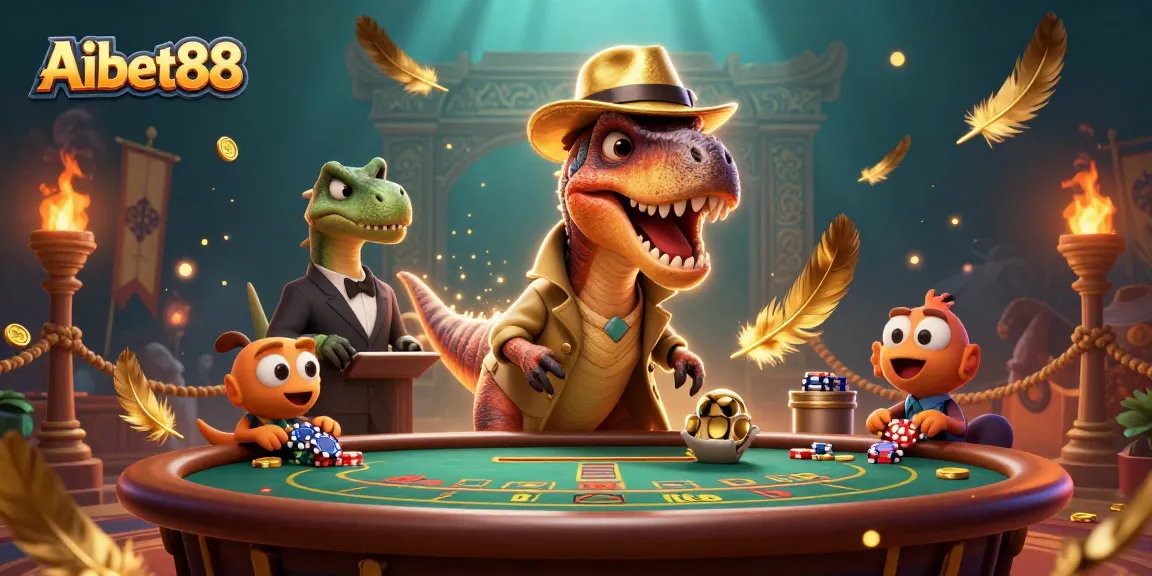 Aibet88 velociraptor card counter at a blackjack table surrounded by dynamic casino elements.
