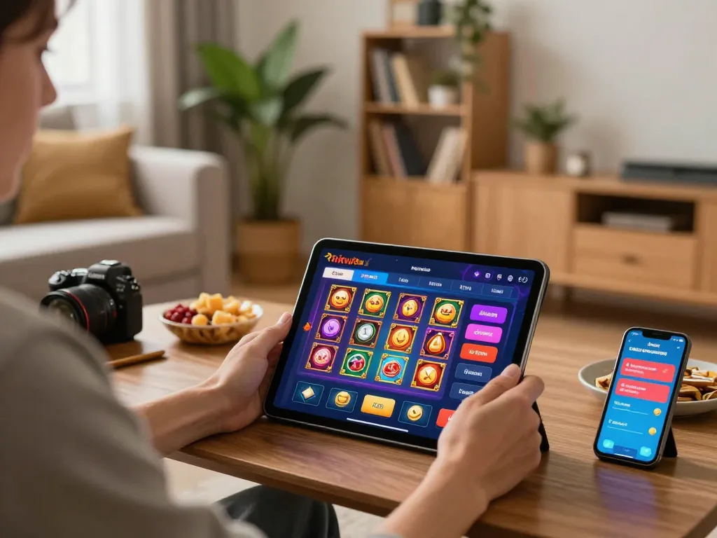 Engaging with the Rikvip casino app on a cozy home setup, showcasing vibrant graphics and strategic gameplay.