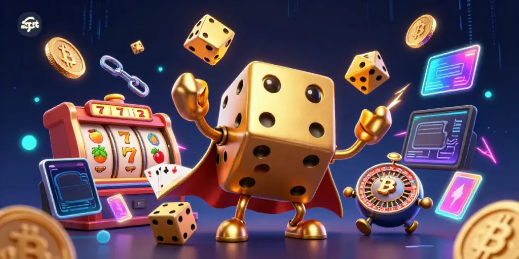 Engaging slot machine scene featuring a golden dice golem and vibrant casino elements.