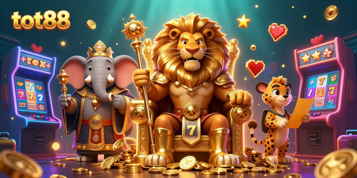 Tot88 showcases a vibrant 3D casino adventure illustration featuring a royal lion king with slot machines.