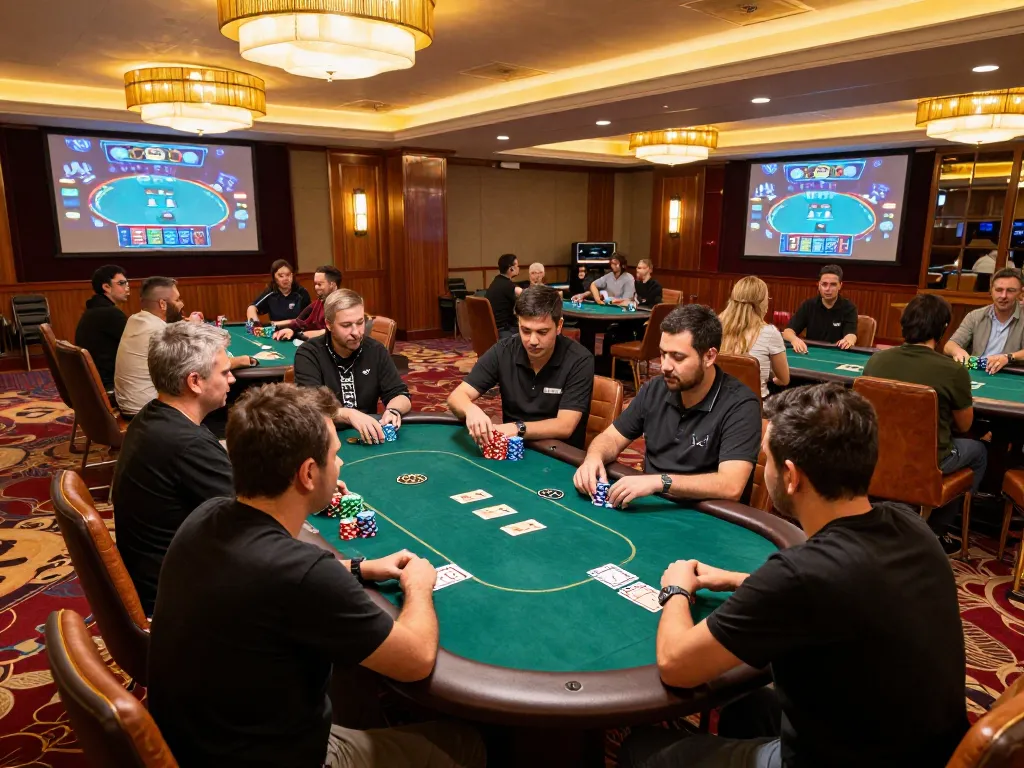 NET88 poker players engaging in an exciting game at a vibrant casino, showcasing strategic gameplay moments
