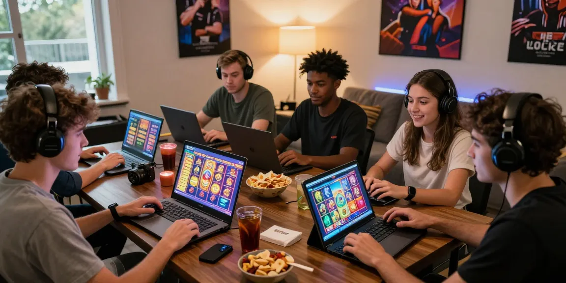 Excited players enjoying slot games together with vibrant screens and cozy atmosphere.
