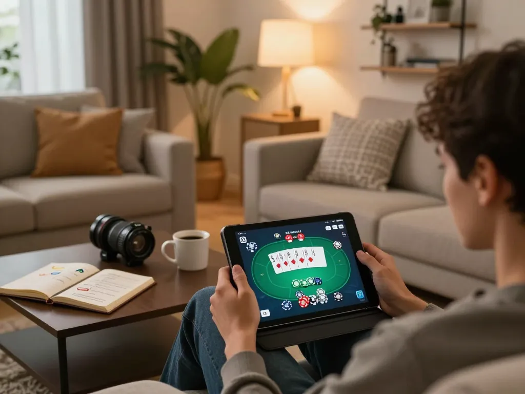 Pemain menikmati permainan online melalui DASI4D di tablet, menampilkan lingkungan taruhan yang strategis.