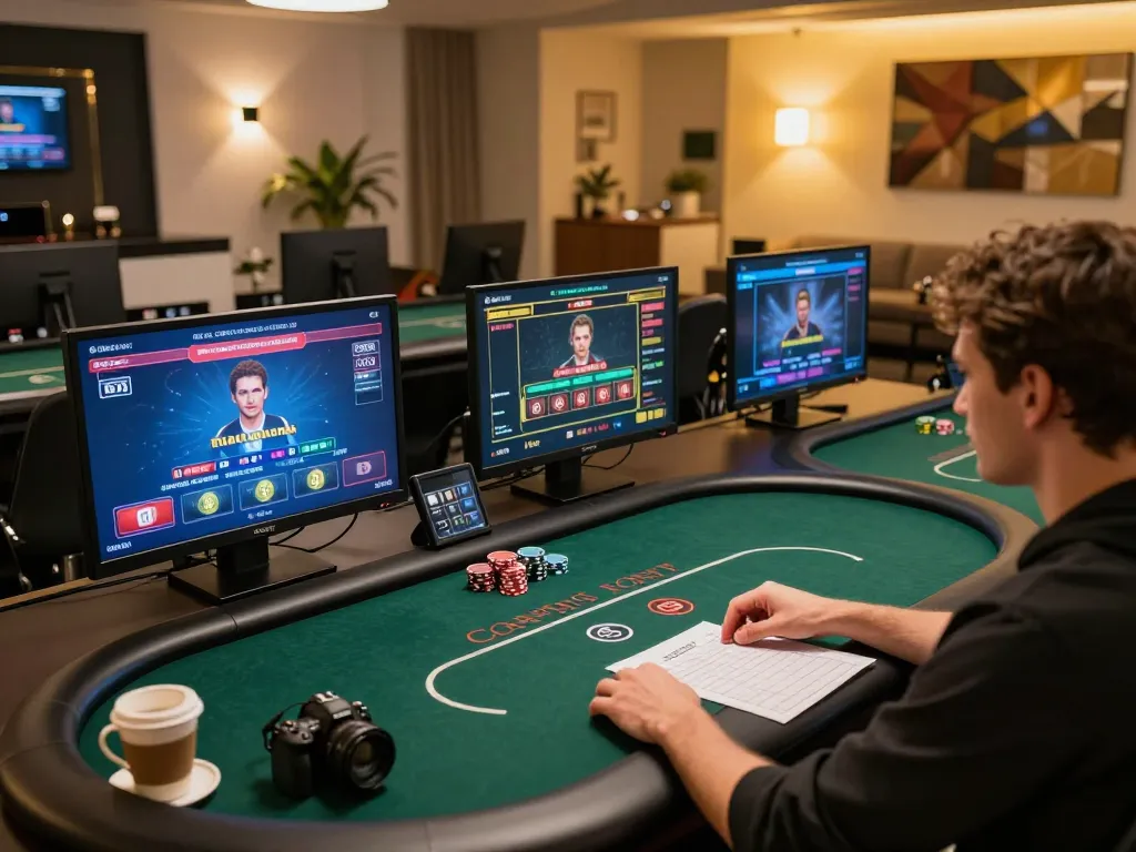 Ok9 player engaging in online poker with multiple screens and strategy notes visible
