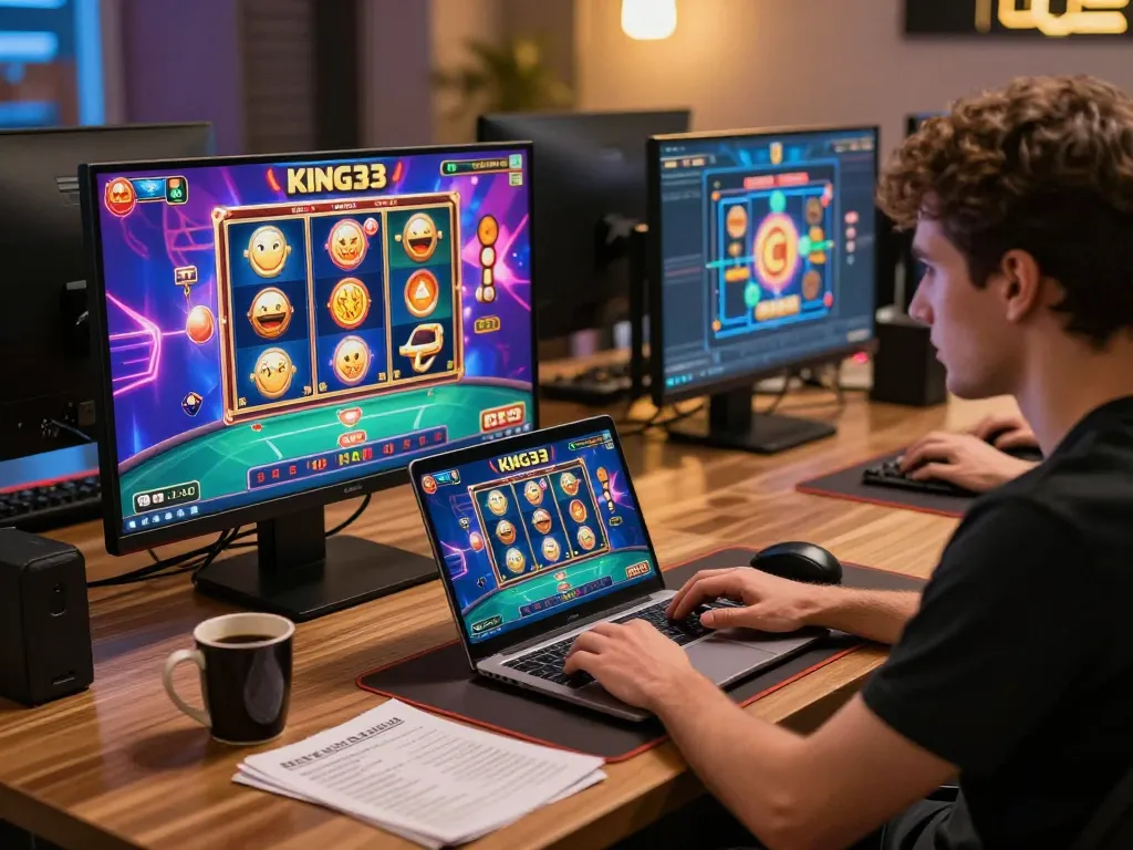 A player engaging with king33 online slots while managing gaming strategies at home.
