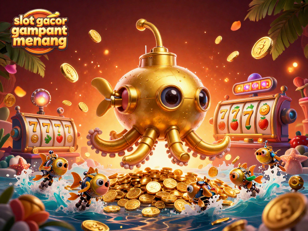 Experience thrilling wins at slot gacor gampang menang with vibrant 3D illustrations of golden kraken and classic slots.