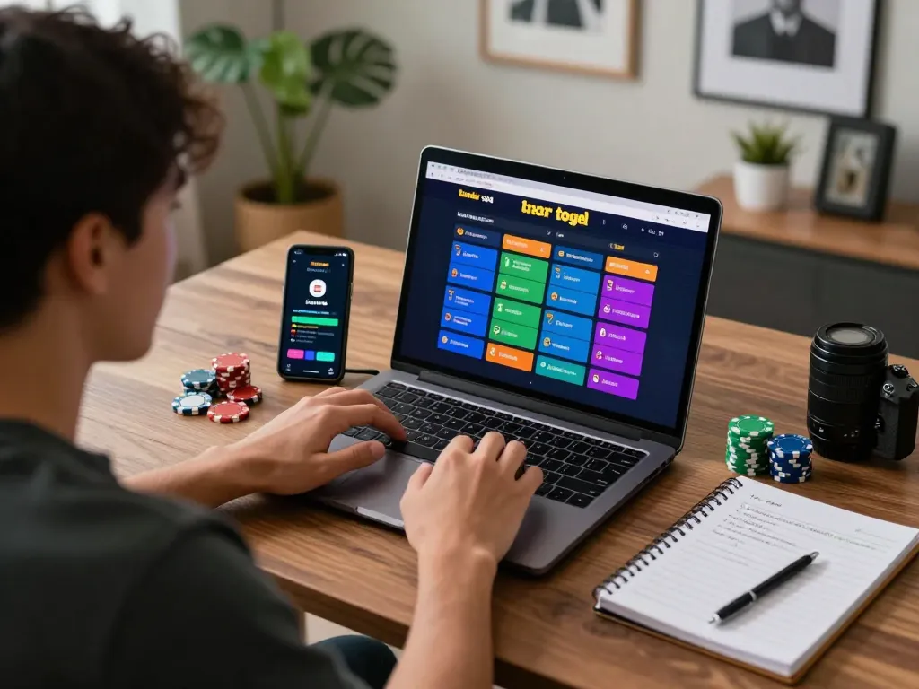 Pemain terlibat dalam permainan bandar togel online di laptop dengan catatan strategi di dekatnya.