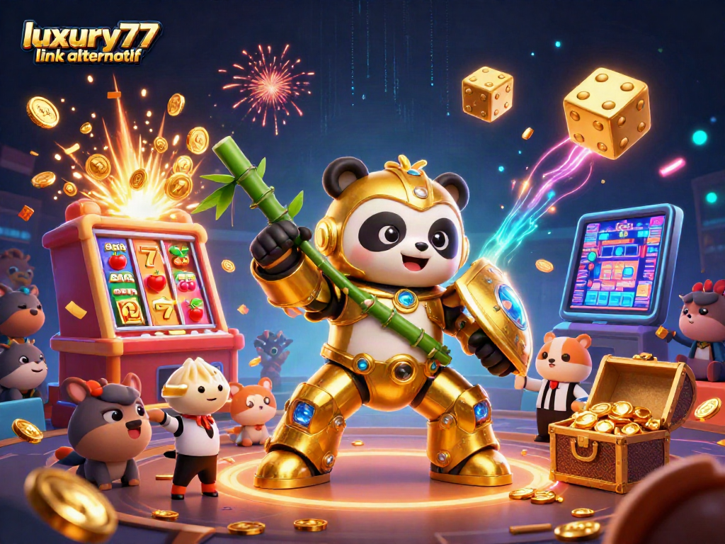 Permainan slot dan jackpot dari luxury777 link alternatif dikemas dalam ilustrasi 3D yang berwarna-warni.