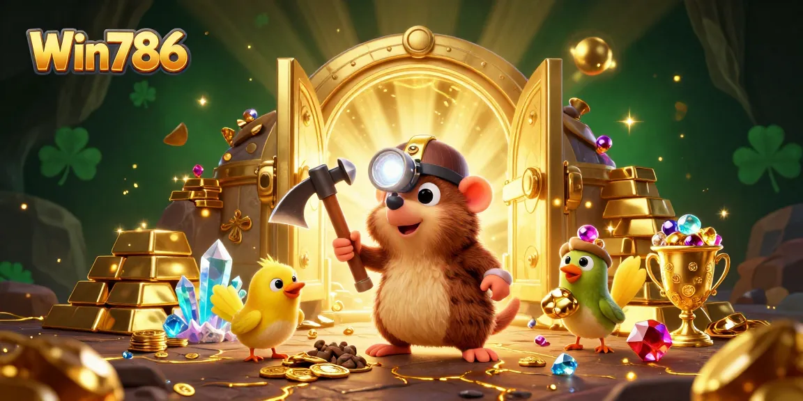 Experience the excitement of Win786 with a treasure hunt in a vibrant casino adventure scene.