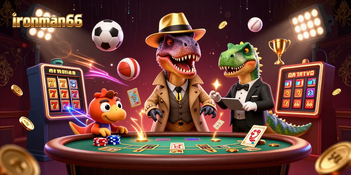 ironman66 players enjoy slots and gaming excitement with a cartoon velociraptor at the table