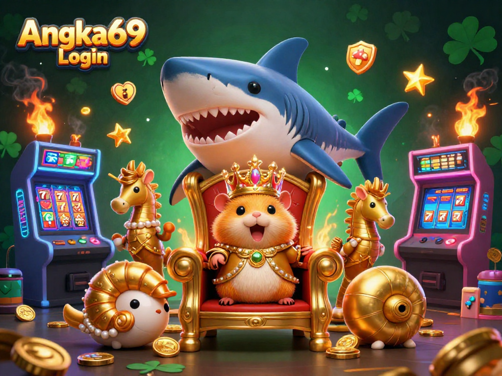 Engage with the vibrant Angka69 Login scene showcasing a hamster king amidst colorful casino elements and gaming excitement.