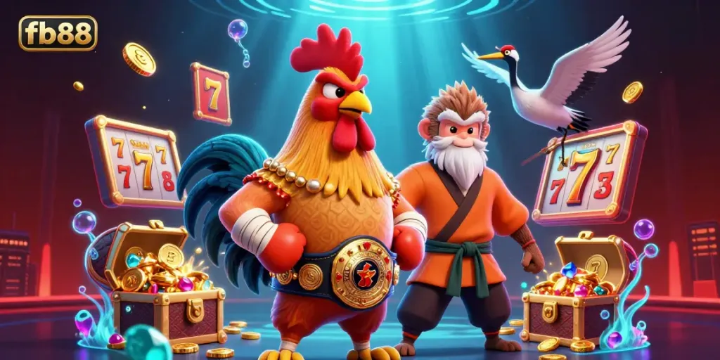 Experience fb88's vibrant casino with a fierce rooster, monkey martial artist, and crane master amidst glowing treasures.