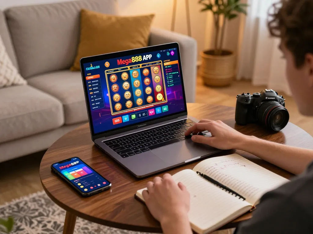 Engaging in mega888 apk original download gameplay on a laptop, surrounded by cozy decor and strategy notes.