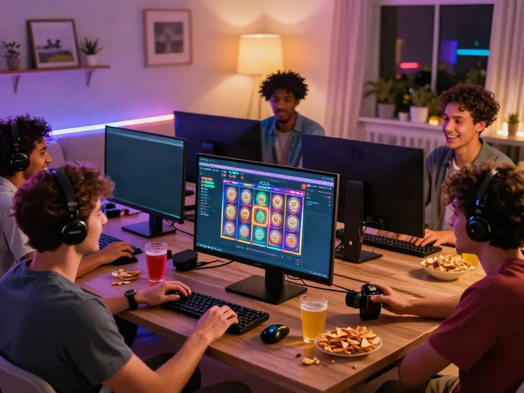 A lively online gaming night with friends enjoying akunjp betting platform and colorful snacks.
