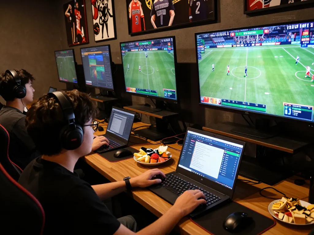 Placing bets on live sports events at BK8 online gaming setup with multiple screens