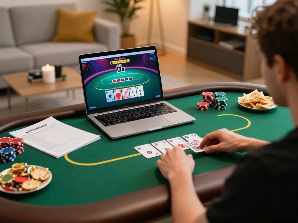 Go8 player analyzing poker strategies while engaging in an online game at home