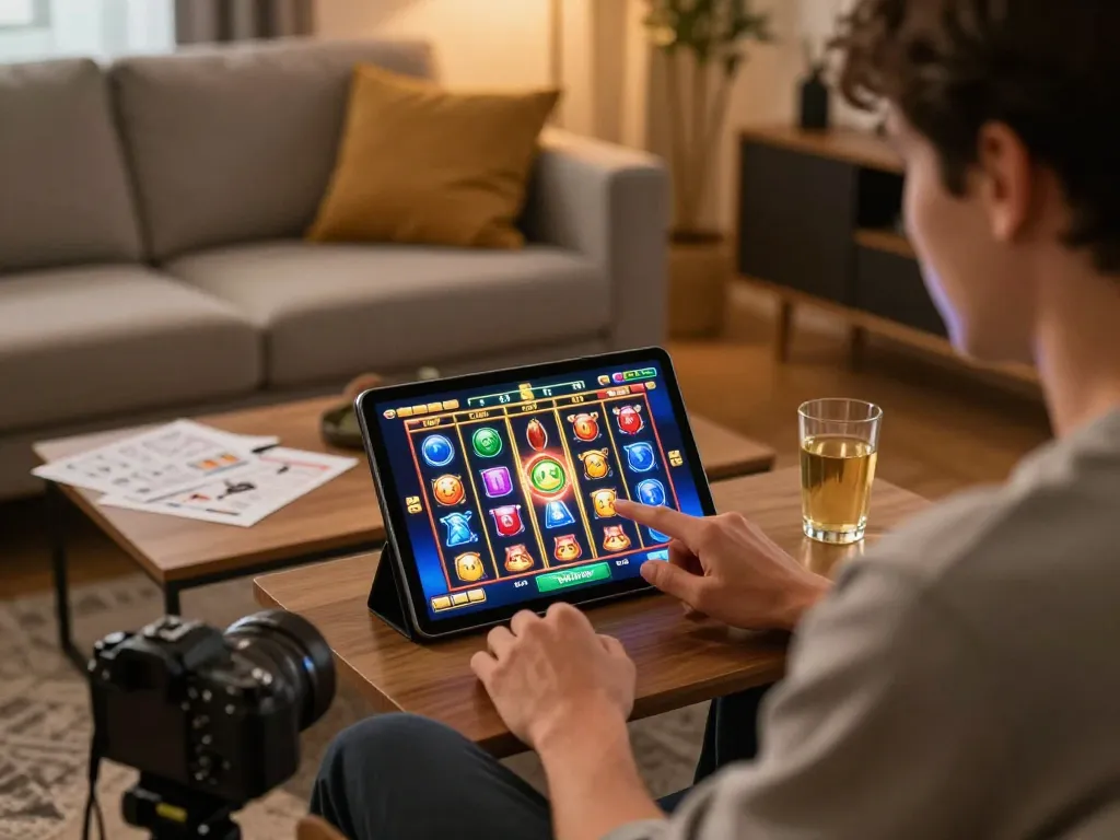 Engaging player enjoying slot online at home, showcasing colorful tablet interface and cozy atmosphere.