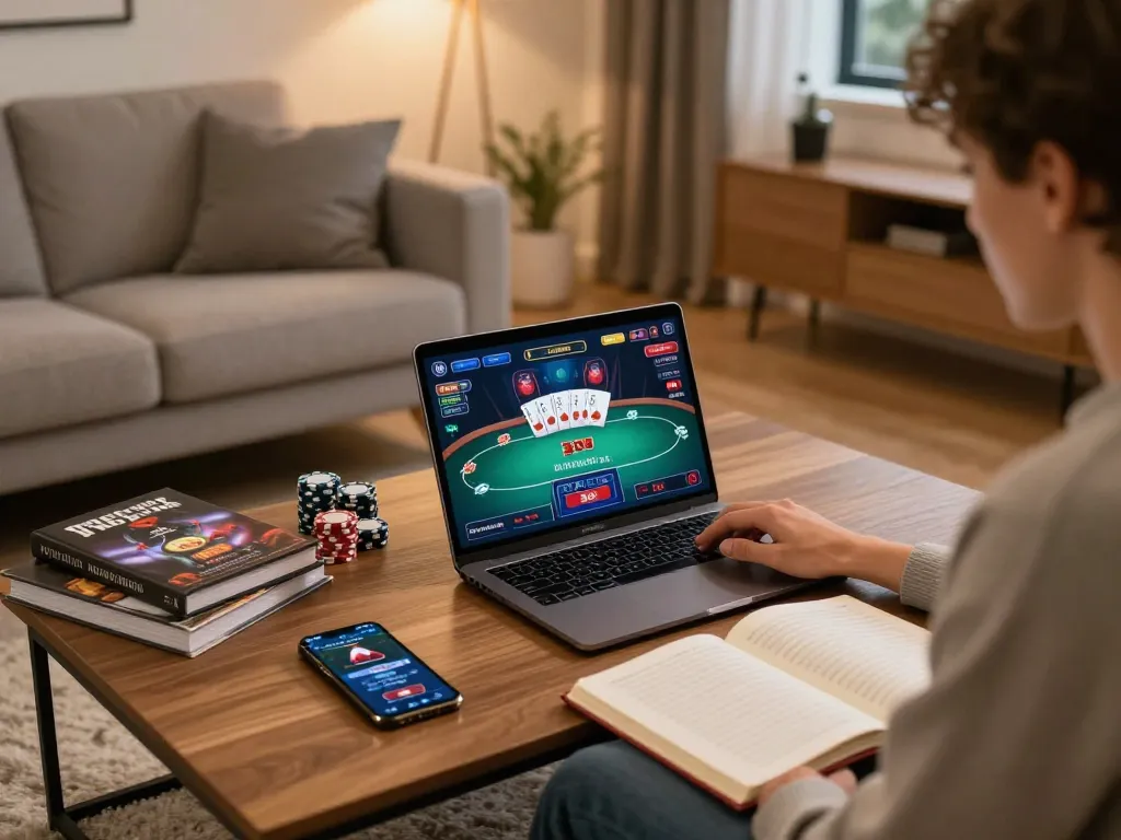 Player engaging in online poker at home using lc88, showcasing excitement and strategy notes.