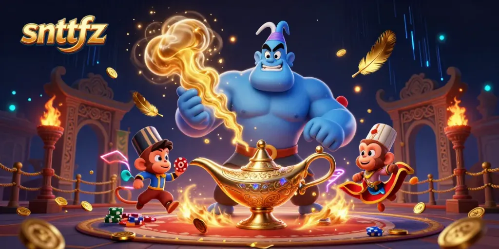 Experience the thrill with snttfz: a genie and magical elements in a vibrant casino atmosphere.