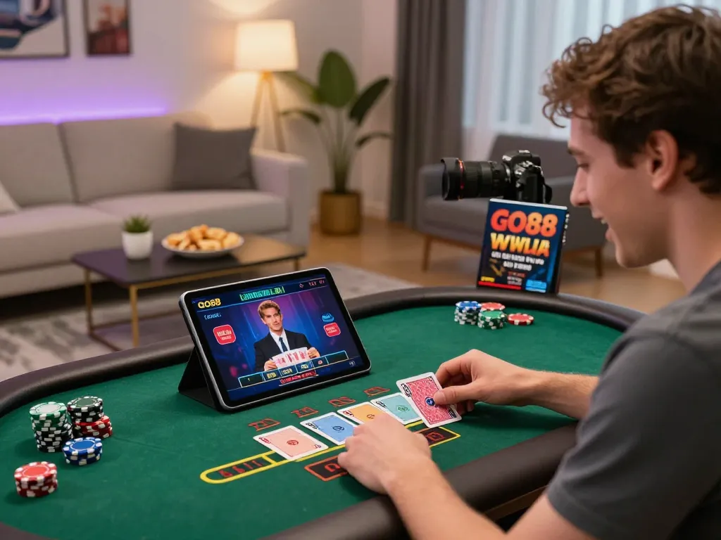 Player engaging in a high-stakes game on GO88's live dealer platform displayed on a tablet, capturing the excitement of online gambling.