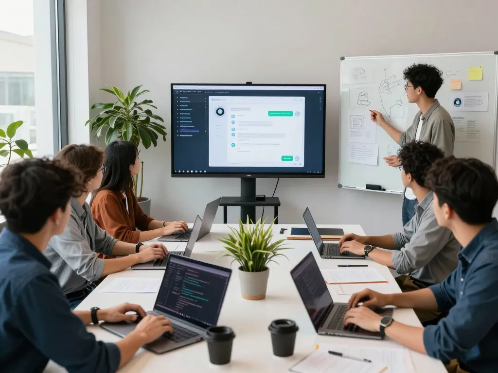 AI chatbot development team collaborating on juicy ai project in a modern workspace