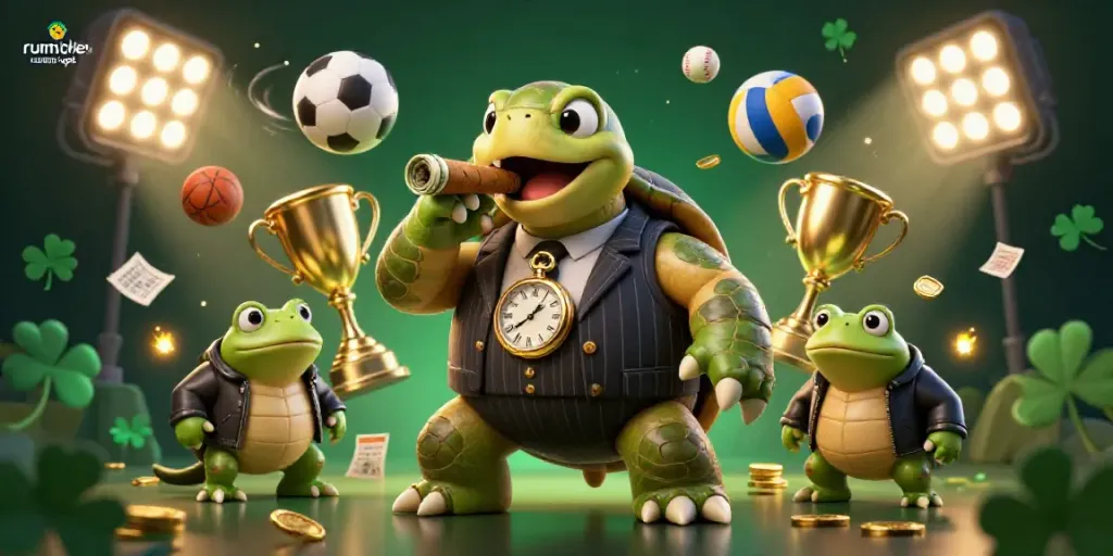 Engage with the vibrant rumble rummy apk scene, featuring a charming snapping turtle and bullfrog enforcers amidst flying sports balls and dynamic lighting.