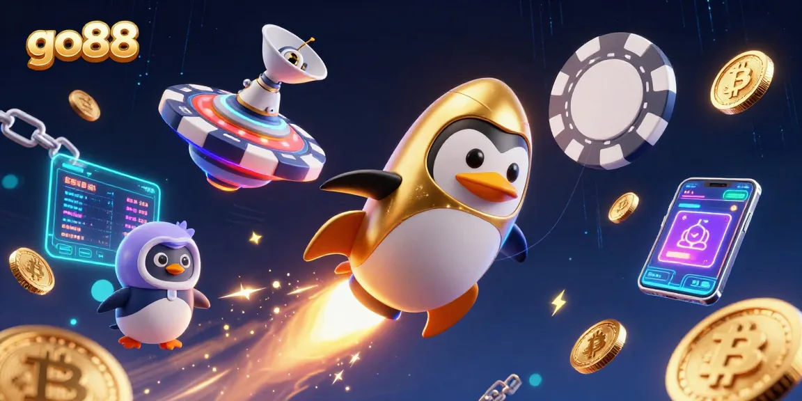 Experience go88's thrilling adventure with a golden penguin in a vibrant casino universe.